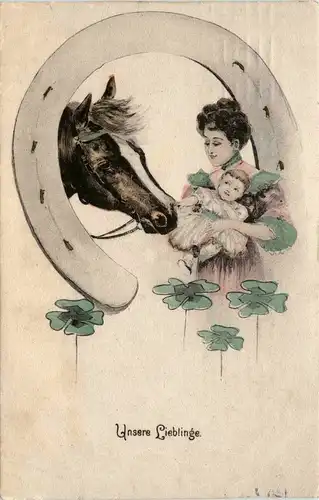 Pferd mit Frau - Prägekarte -401568