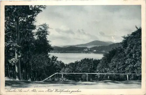 Laacher See mit Abtei vom Hotel Waldfrieden gesehen -359596