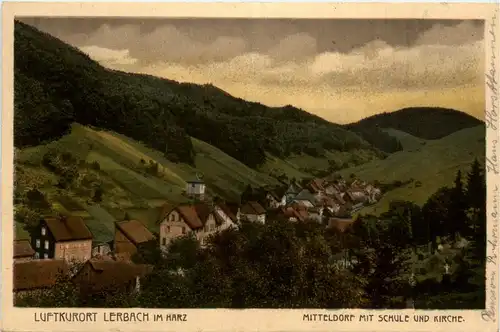 Kurort lerbach im harz, Mitteldorf mit Schule und Kirche -359624
