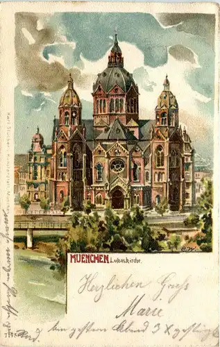 München - Lukaskirche Litho - Privat Stadtpost -92034