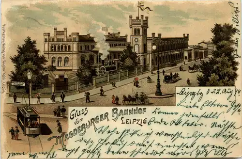Leipzig - Gruss vom Magdeburger Bahnhof - Litho -90710