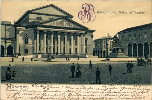 München - Hof und National Theater - Litho Privat Stadtpost -92030