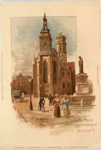 Stuttgart - Stadtkirche und Schillerdenkmal - Litho -93522