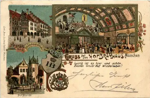 München - Gruss aus dem Hofbräuhaus - Litho -93780