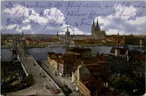 Köln, Blick von der Deutzer Pfarrkirche auf die Hänge-u. Hohenzollernbrü -368106