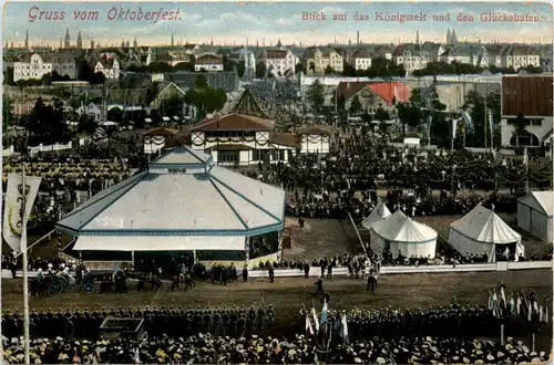 München, Gruss vom Oktoberfest, Blick auf das Königszelt -369358