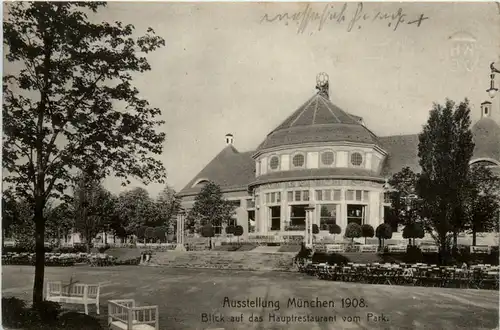 München - Ausstellung 1908, Blick auf Hauptrestaurant vom Park -371812