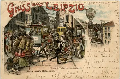 Gruss aus Leipzig - Die electrische Bahn kommt - Litho -454880