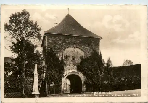 Marieberg i. Sa. , Zschopauer Tor mit Stadtmauer u. meilensäule -456568