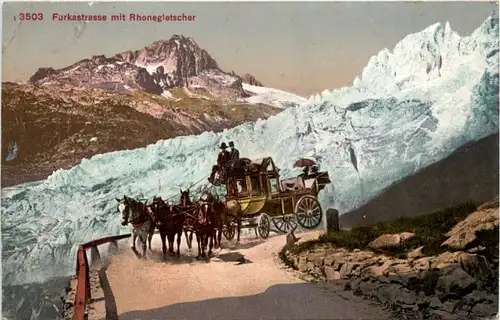Furkastrasse mit Rhonegletscher und Postkutsche -453914