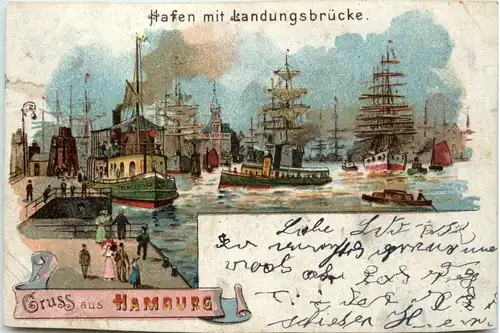 Hamburg - Hafen mit Landungsbrücken- Litho -472768