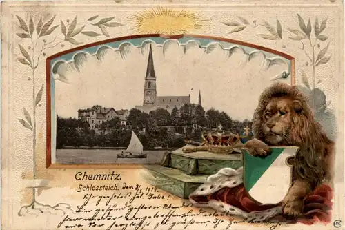 Chemnitz - Schlossteich - Löwe - Prägekarte Litho -91264