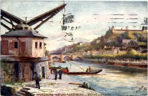 Würzburg, Festung Marienberg mit Brücke und Krahn -376044