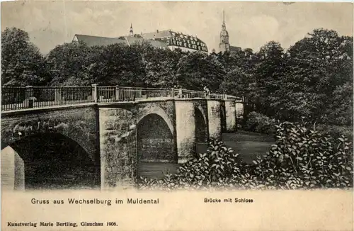 Gruss aus Wechselburg im Muldental, Brücke mit Schloss -380520