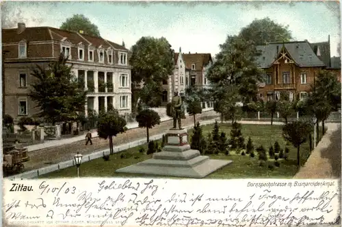 Zittau, Dornspachstrasse mit Bismarckdenkmal -384414