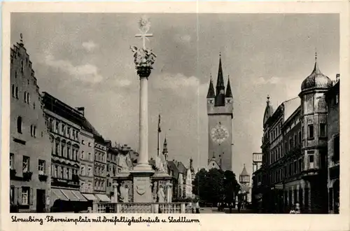 Straubing, Theresienplatz mit Dreifaltigkeitssäule u. Stadtturm -383388
