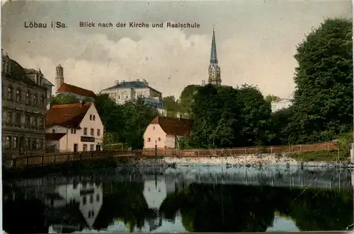 Löbau i.Sa., Blick nach der Kirche und Realschule -384168