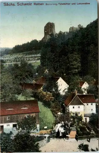 Rathen, Sächs. Schweiz, Basteiweg, Talwächter und Lokomotive -384736