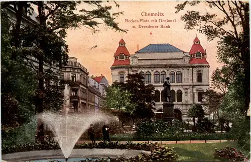 Chemnitz, Becker-Platz mit Denkmal u. Dresdener Bank -383702