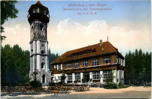 Scheibenberg i. Erzgeb., Aussichtsturm mit Unterkunftshaus -386356