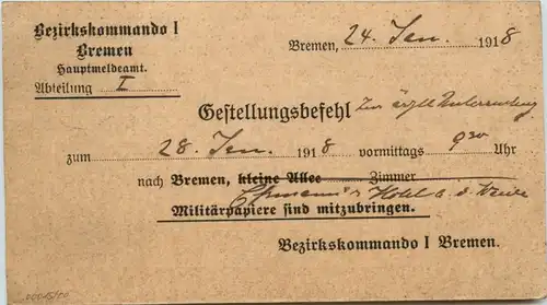 Bremen - Bezirkskommando I - Gestellungsbefehl -478264