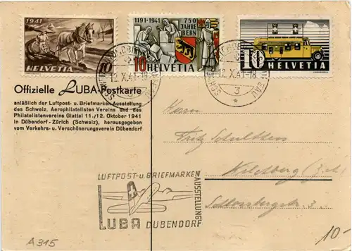 LUBA Dübendorf 1941 - Fahrbares Automobil Postbüro mit Sonderstempel -479178