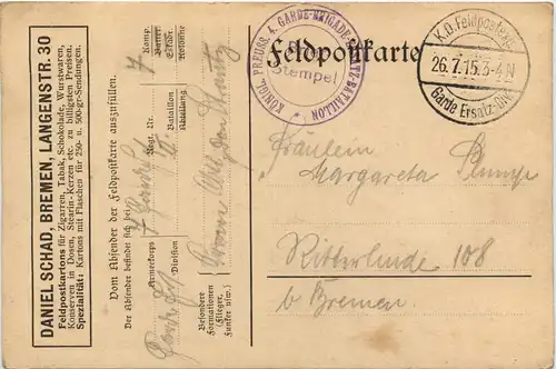 Bremen - Feldpost 4. Garde Brigade Ersatz Bataillon -478058