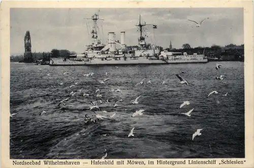 Wilhelmshaven - Hafenbild mit Linienschiff Schlesien -480464