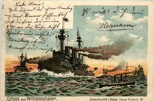 Gruss aus Wilhelmshaven - Litho - Schlachtschiff Kaiser Friedrich III -480784