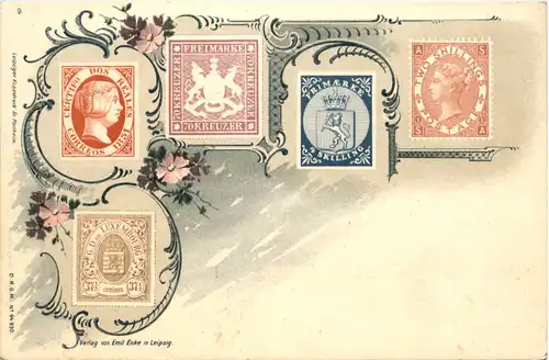Briefmarken auf Ansichtskarte - Litho -482734