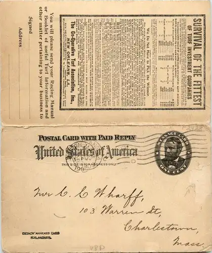 Turf Association - New Orleans - Postcard with Paid reply -96942