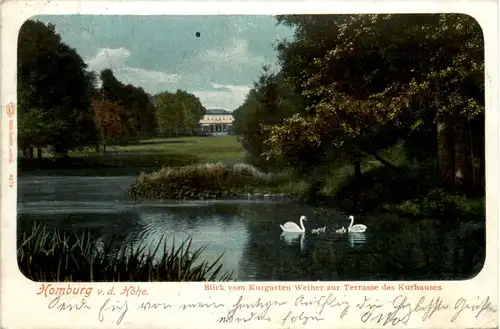 Homburg v.d. Höhe, Blick vom Kurgarten Weiher zur Terrasse es Kurhauses -393514