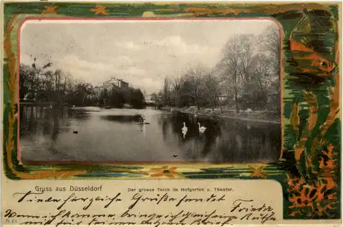 Gruss aus Düsseldorf, der grosse Teich im Hofgarten u. Theater -500046