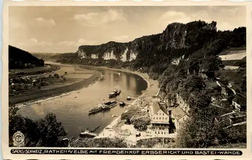 Rathen/Elbe mit Fremdenhof Erbgericht und Bastei-Wände -504324