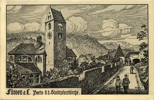 Füssen - Partiue an der Stadtpfarrkirche - Künstler-AK Eugen Felle -606010