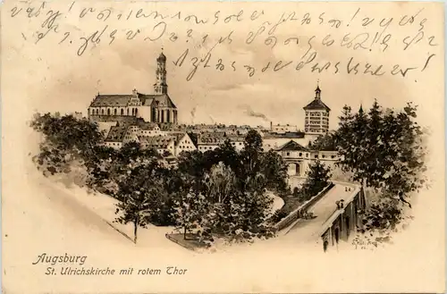 Augsburg - St. Ulrichskirche mit rotem Thor - Künstler-AK Eugen Felle -606276
