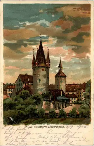 Lindau - Diebsturm und Peterskirche - Litho sign Brödbeck -609002