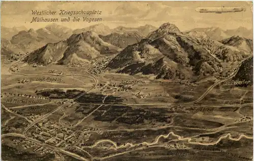 Mülhausen - Kriegsschauplatz mit Zeppelin - Künstler-AK Eugen Felle -609832