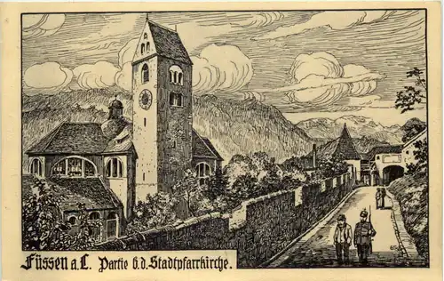 Füssen - Partie bei der Stadtpfarrkirche - Künstler-AK Eugen Felle -610332