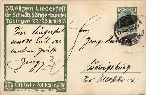 Tübingen - 30. Allgemeines Liederfest 1913 - Privatganzsache PP 27C186/03 -610478