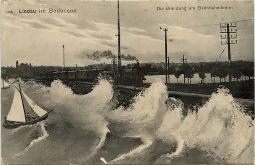 Gruss aus Lindau - Brandung am Eisenbahndamm -612380