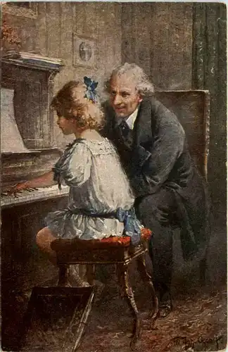 Künstler AK - Die erste Klavierstunde -618974