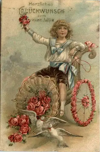 Neujahr - Kind auf Füllhorn - Prägekarte -624016