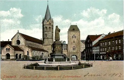 Eisenach, Nicolaitor und Nicolaikirche mit Lutherdenkmal -511692