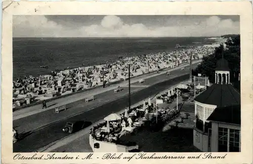 Seebad Arendsee, Blick auf Kurhausterrasse und Strand -501304