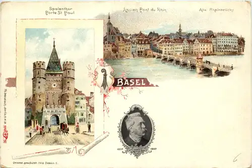 Basel mit Portrait Arnold Böcklin - Litho -629814