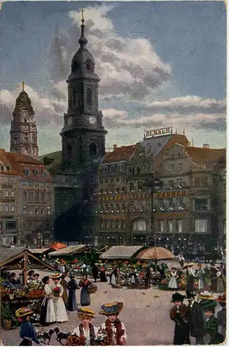 Dresden, Altmarkt mit Blumenmarkt, Kreuzkirche, Rathausturm -395472
