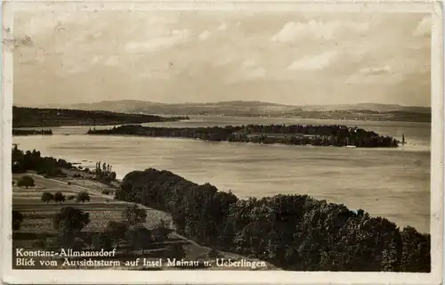 Konstanz-Allmannsdorf, Blick vom Aussichtsturm auf Insel Mainau u. Überl -521536