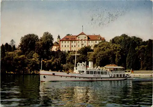 Insel Mainau, Das Deutschardensschloss und die Kiche vom See gesehen -521572