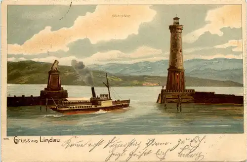 Gruss aus Lindau - Hafeneinfahrt - Litho -609194